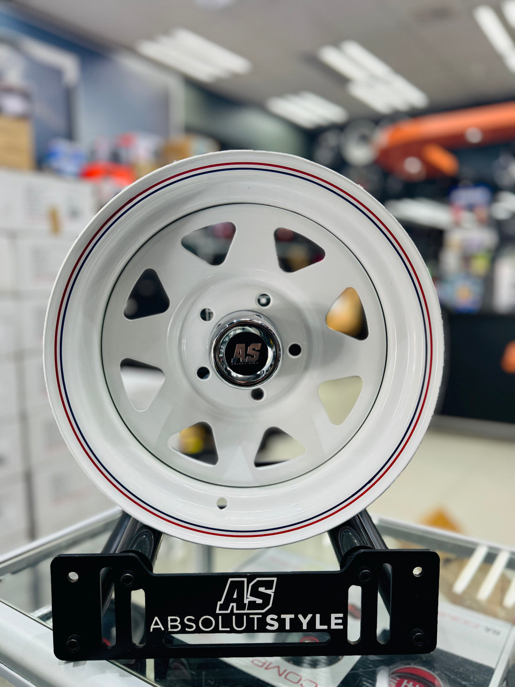 14” A-LINE 8 SPOKE WHITE RED/ BLUE STRIPE 5/114 for 7 seaters
