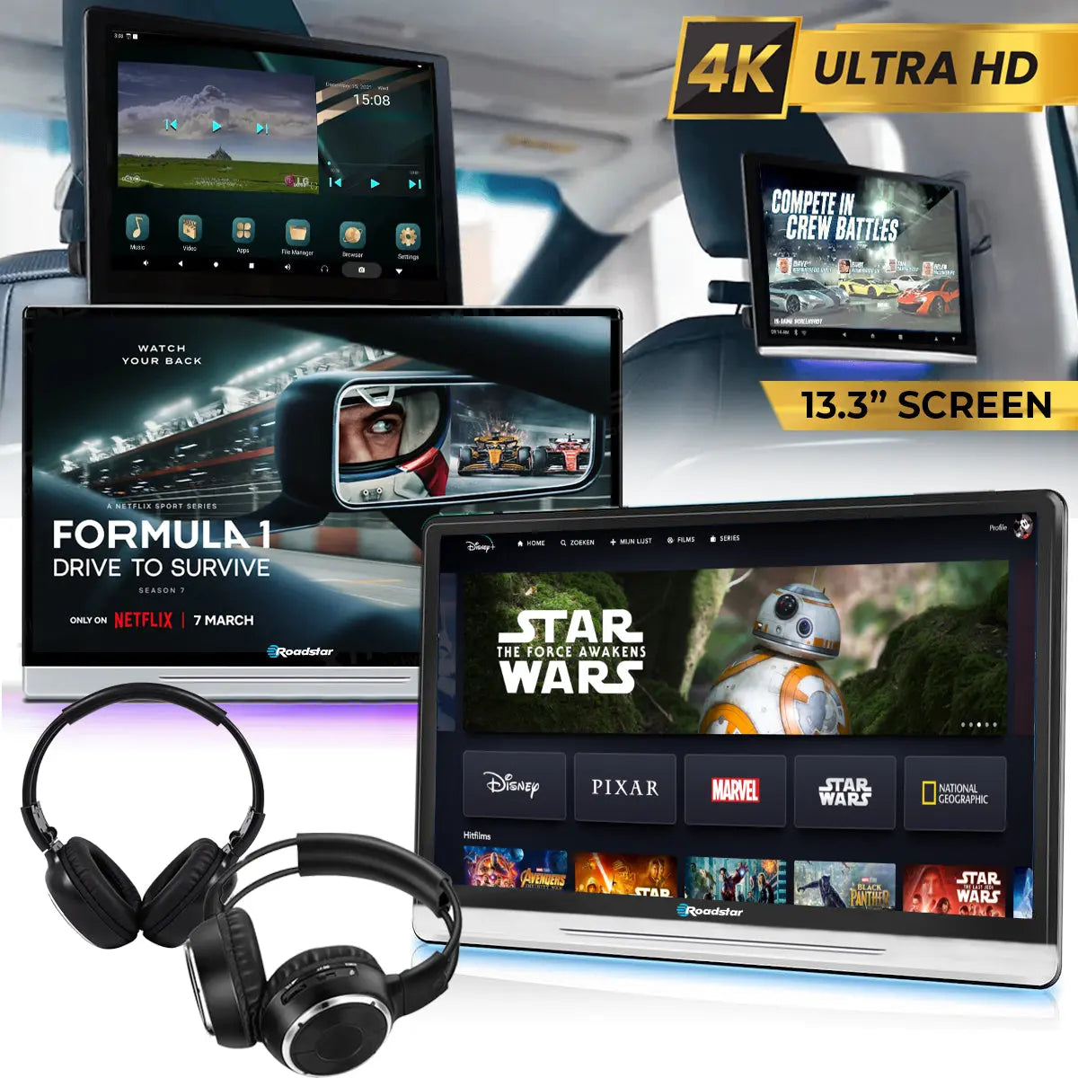 13.3" Roadstar Android Entertainment Headrest Tablet Screens With Bluetooth Headphones