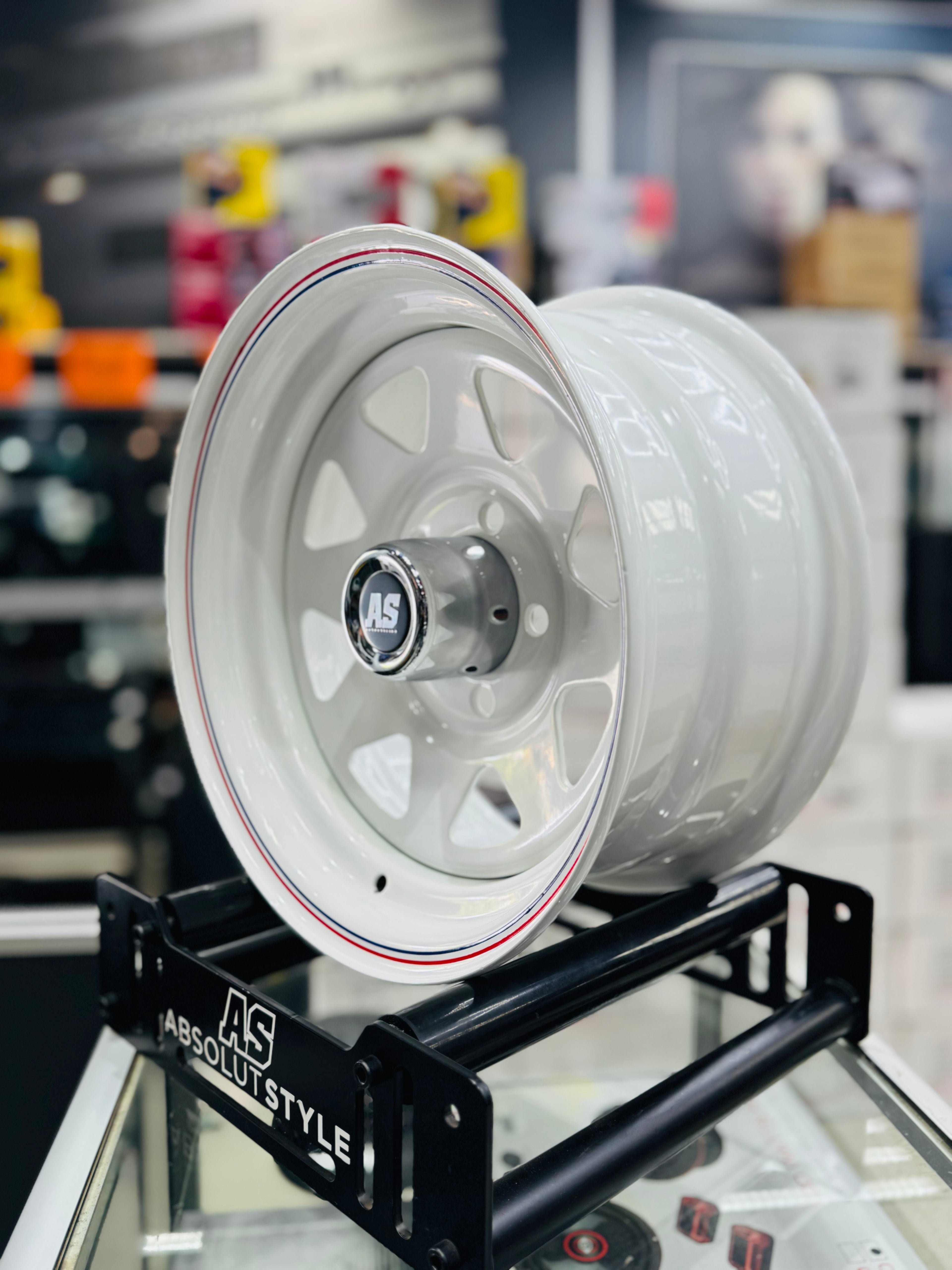 14” A-LINE 8 SPOKE WHITE RED/ BLUE STRIPE 5/114 for 7 seaters