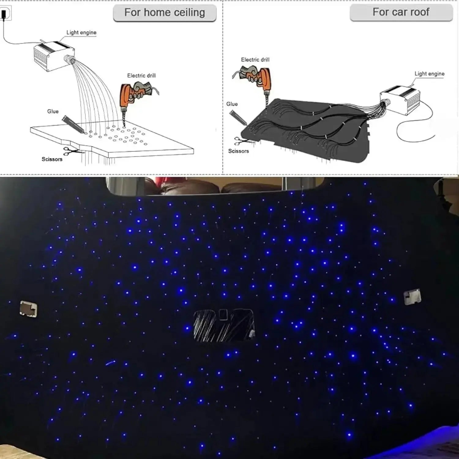 36W App Control Car Roof Fiber Optic Starry Light Kit - 600 Stars