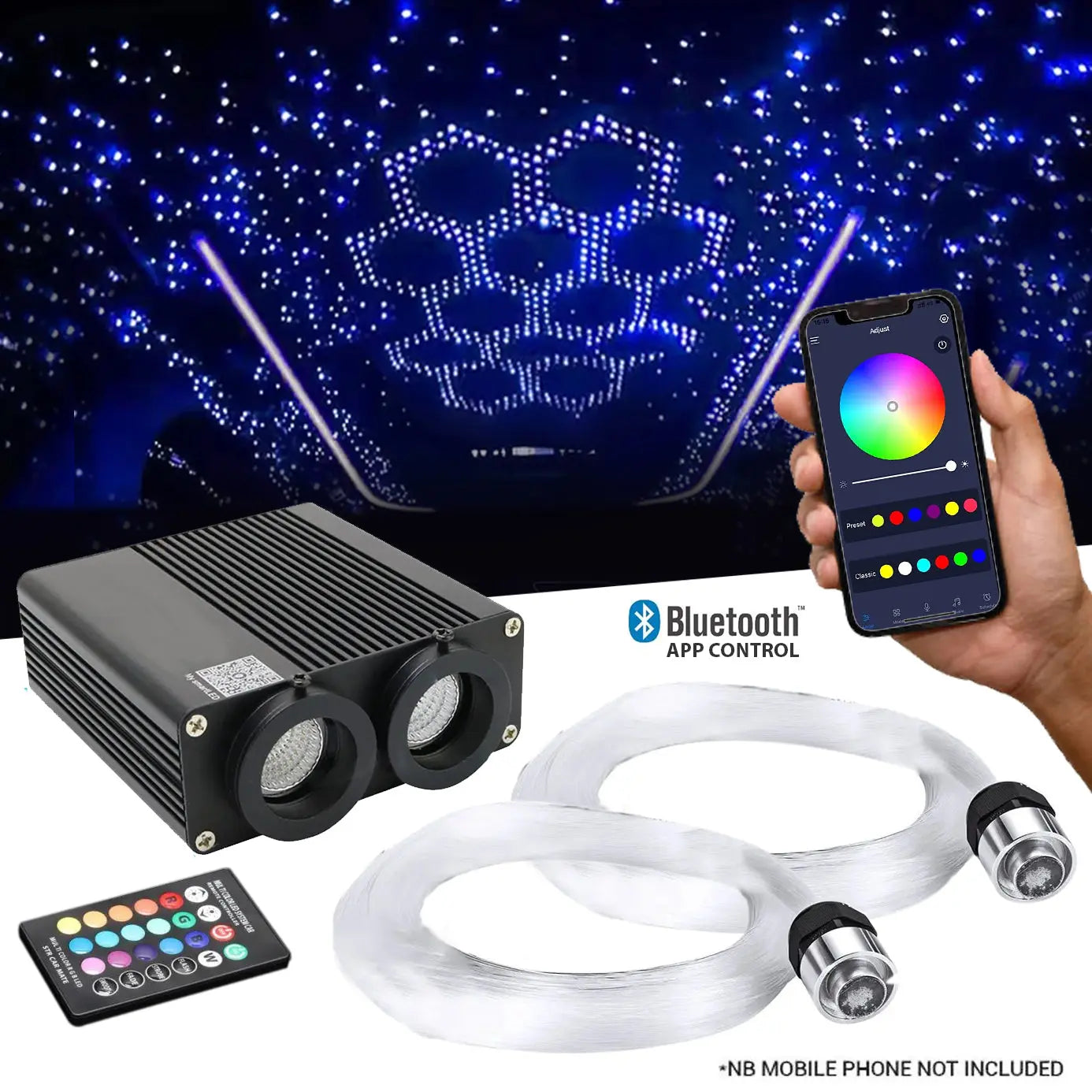 36W App Control Car Roof Fiber Optic Starry Light Kit - 1000 Stars