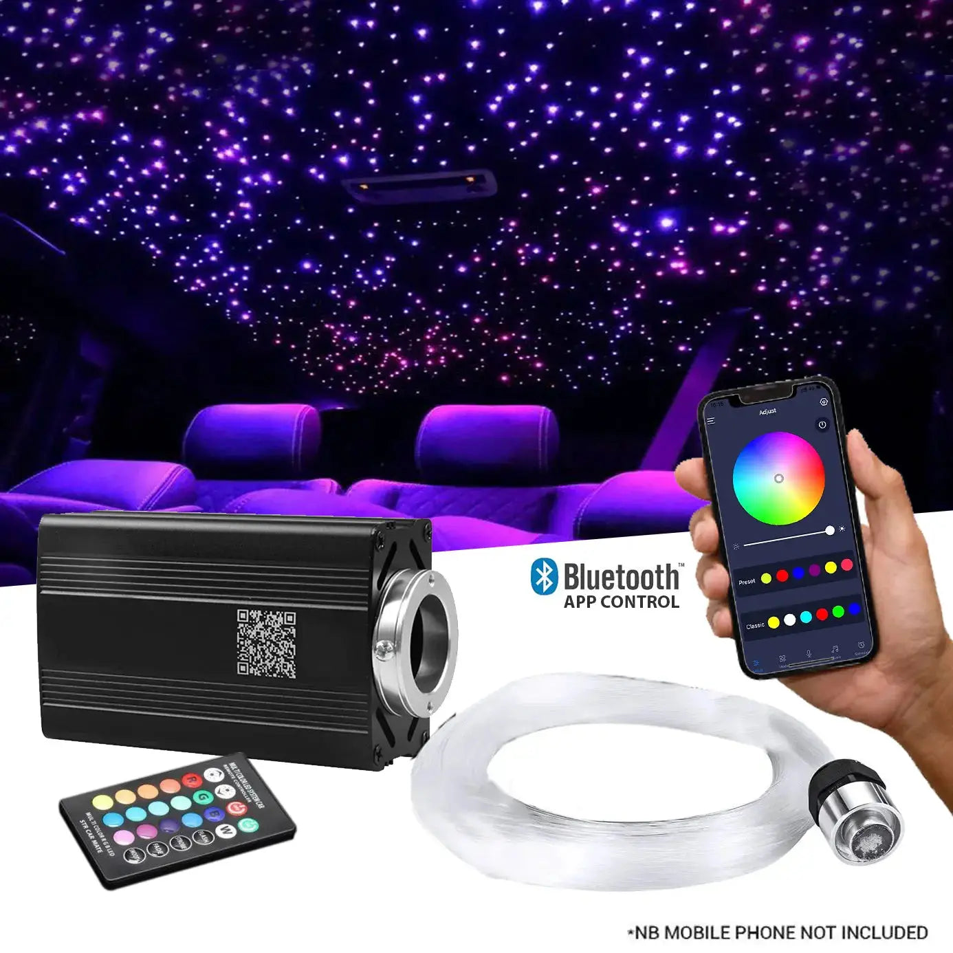 18W App Control Car Roof Fiber Optic Starry Light Kit - 300 Stars