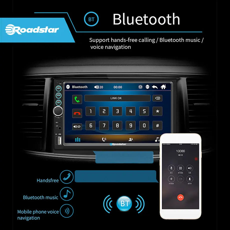7 Inch Roadstar MP5 Double Din With Apple Carplay & Android Auto + Steering Wheel Control Remote