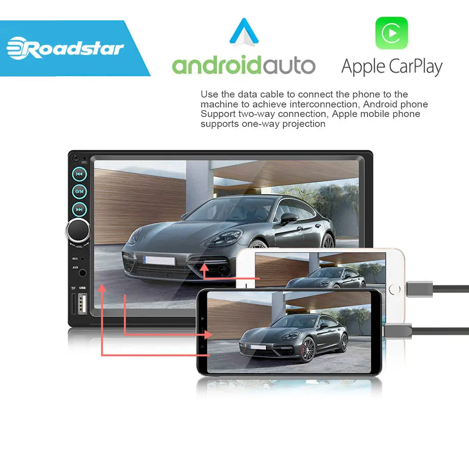 7 Inch Roadstar MP5 Double Din With Apple Carplay & Android Auto + Steering Wheel Control Remote