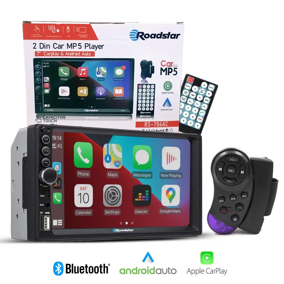 7 Inch Roadstar MP5 Double Din With Apple Carplay & Android Auto + Steering Wheel Control Remote