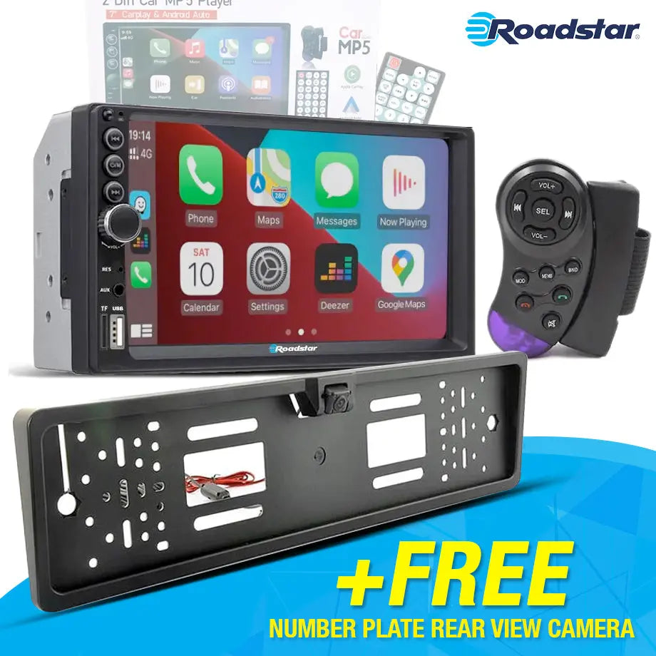7 Inch Roadstar MP5 Double Din With Apple Carplay & Android Auto +FREE Number Plate Camera