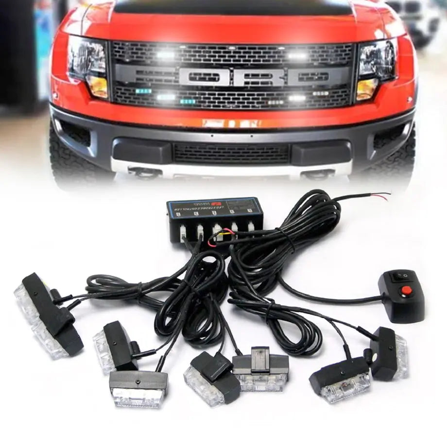 Universal 8-Piece Grille Mount  Emergency Strobe Light Kit - White