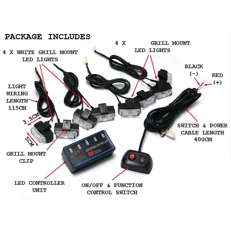 Universal 8-Piece Grille Mount  Emergency Strobe Light Kit - White