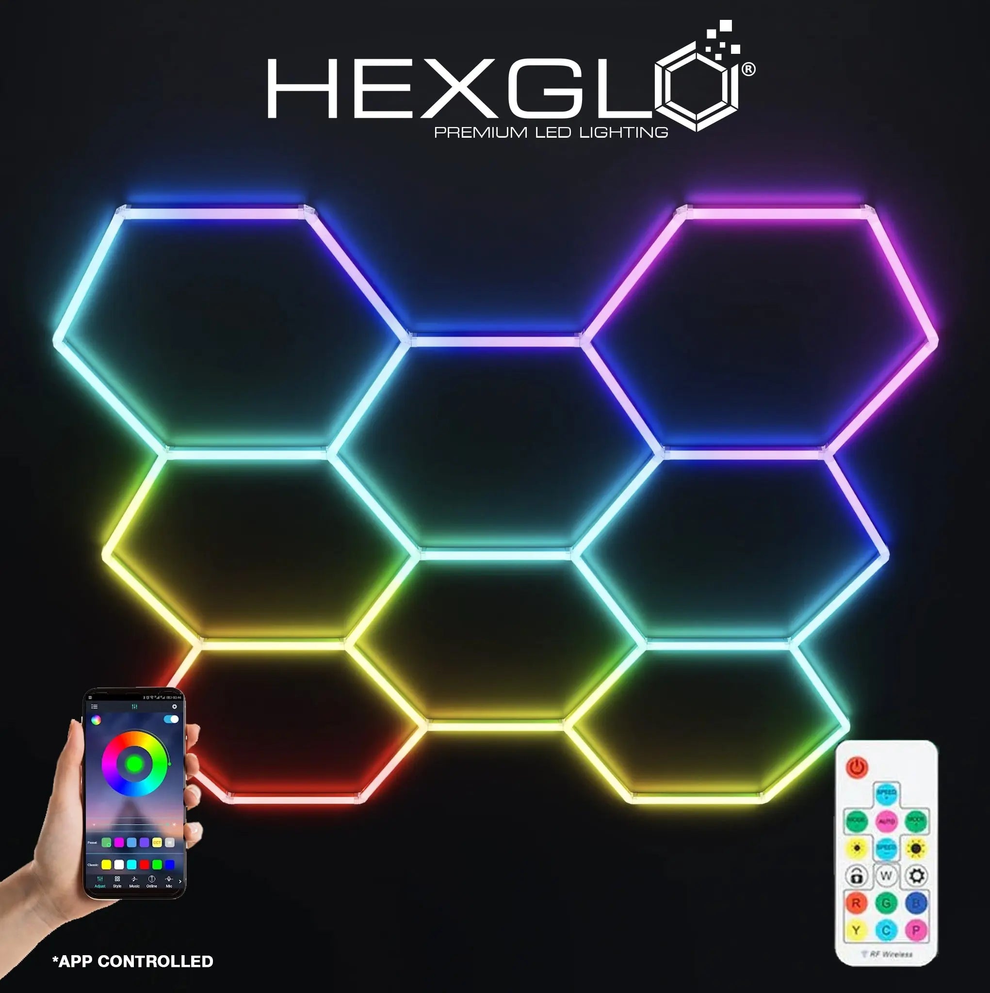 Hexglo 8 Piece RGB Hexagon Modular LED Lighting Kit