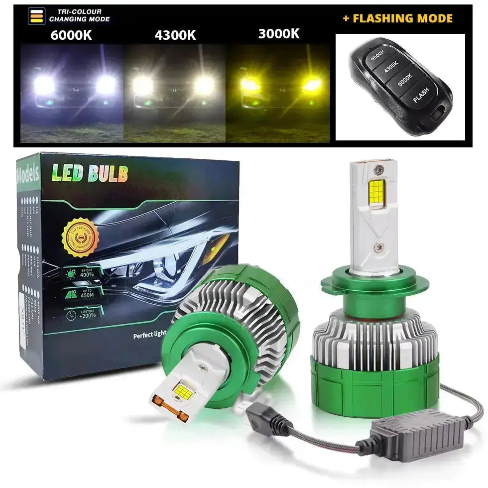 K14 3-Colour LED Canbus Bulbs With Strobe Function & Wireless Remote - H4