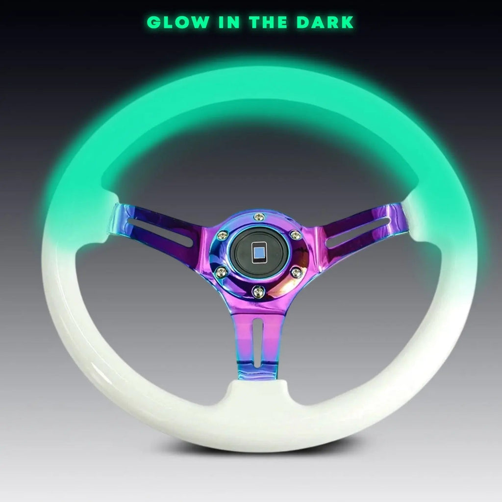 Luminous Glow In The Dark JDM Drift Style Racing Steering Wheel - Neo Chrome Face (350mm)
