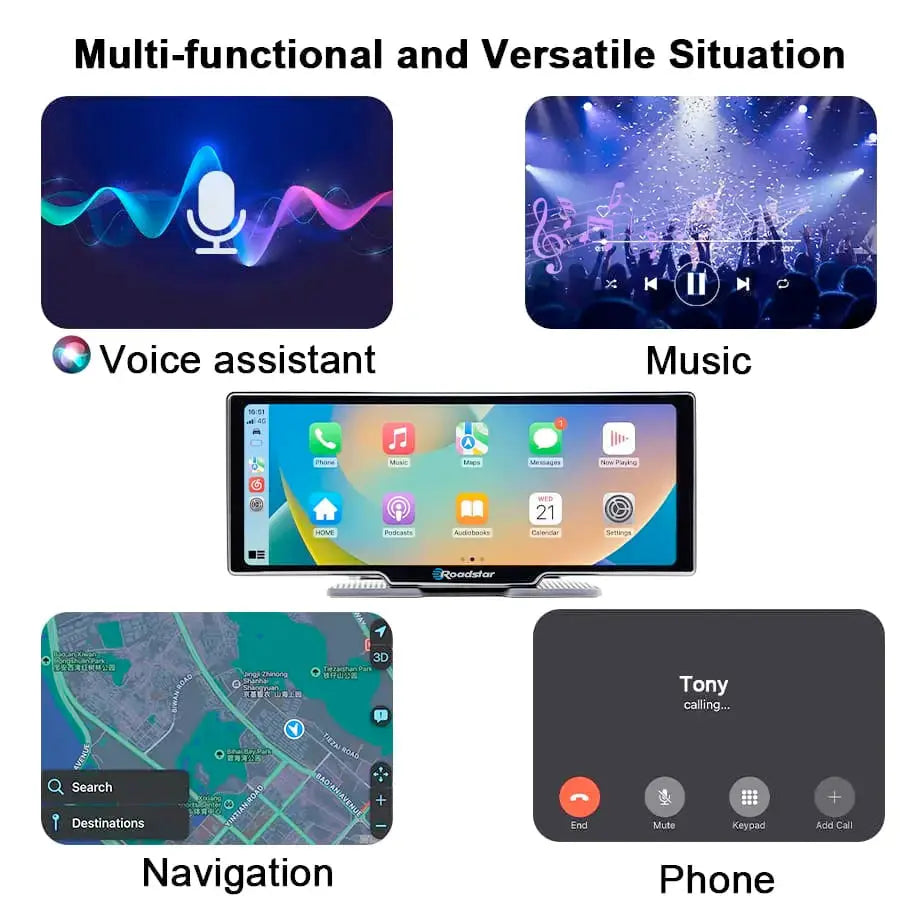 Roadstar - 10.26 Inch 2-Way DVR Camera Screen With Apple Carplay & Android Auto