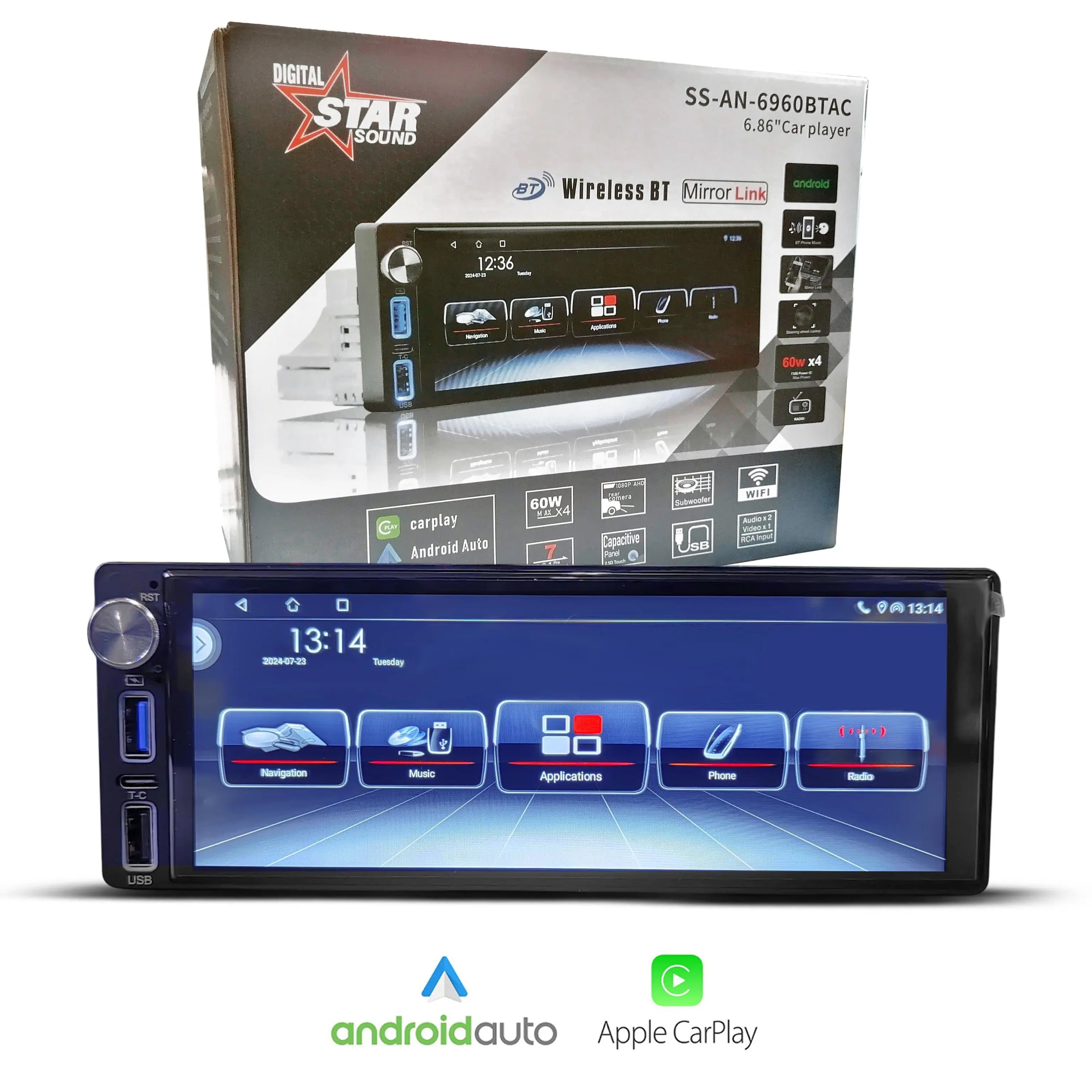 Star Sound SS-AN-6960BTAC 6.8" Single Din Android Media Player With Apple Car Play & Android Auto