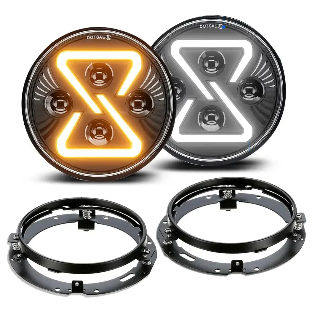 Universal 7 Inch Jeep Style Dynamic Start Up DRL LED Projector Headlight Plus Mounting Bracket (4-Piece)