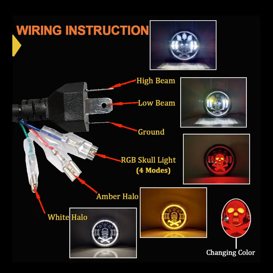 Universal 7 Inch - Jeep Style LED Angel Eye Projector Skull Headlight