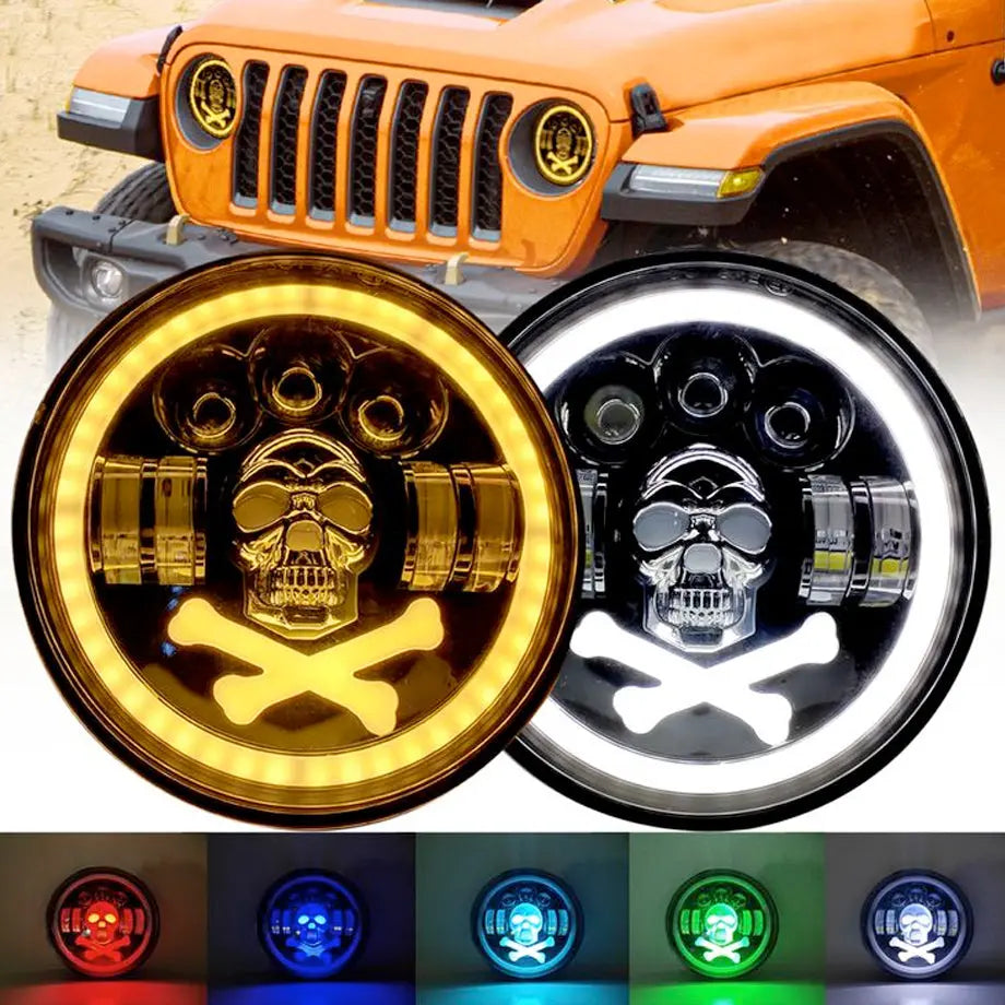 Universal 7 Inch - Jeep Style LED Angel Eye Projector Skull Headlight