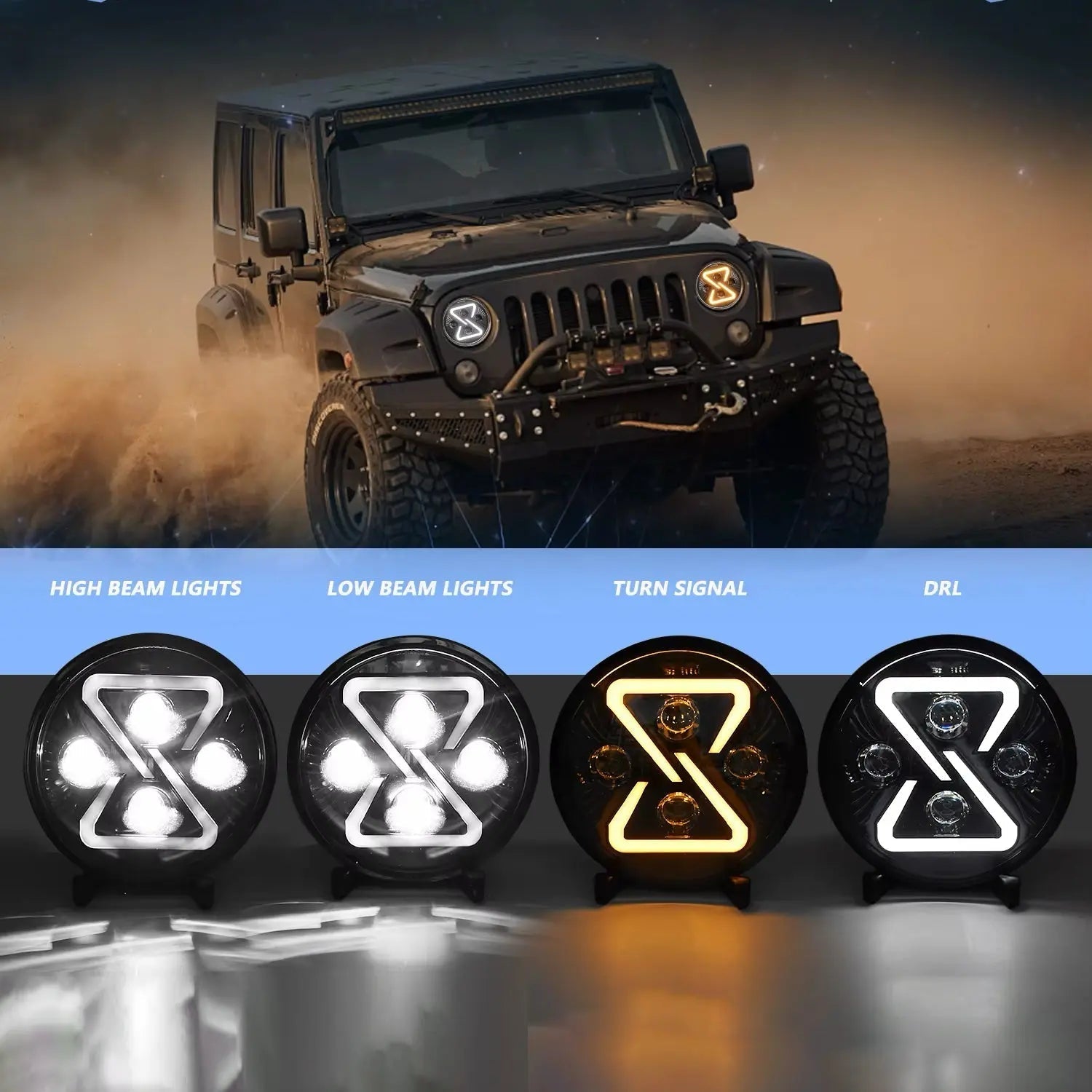 Universal  7 Inch Jeep Style Dynamic Start Up DRL LED Projector Headlight - New Design