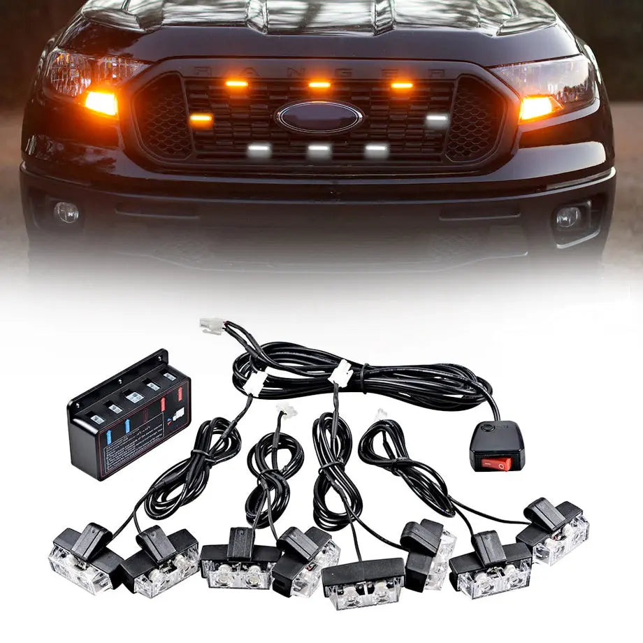 Universal 8-Piece Grille Mount  Emergency Strobe Light Kit - White & Yellow