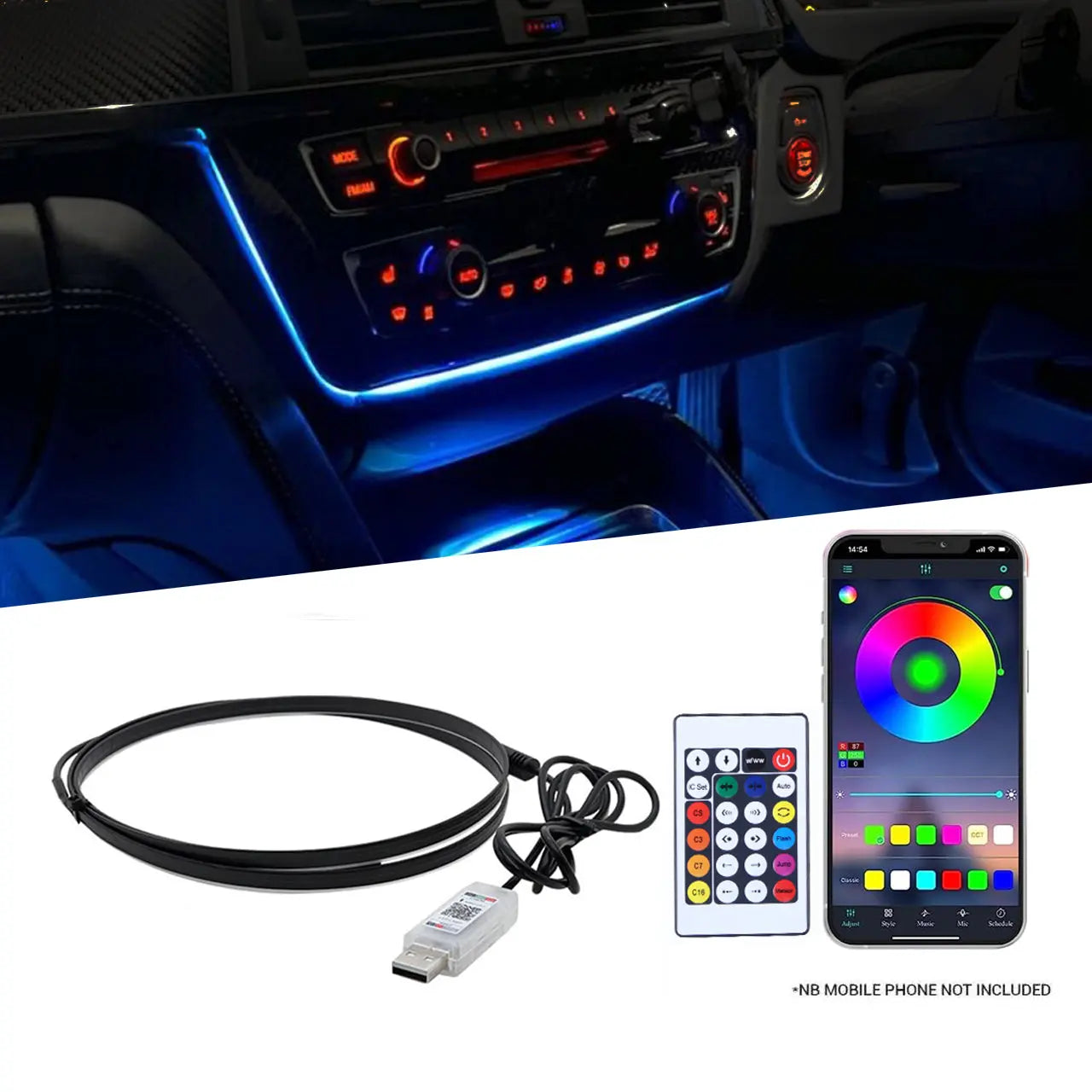 Universal USB Powered Car Interior RGB Ambient Lighting Kit - App Controlled