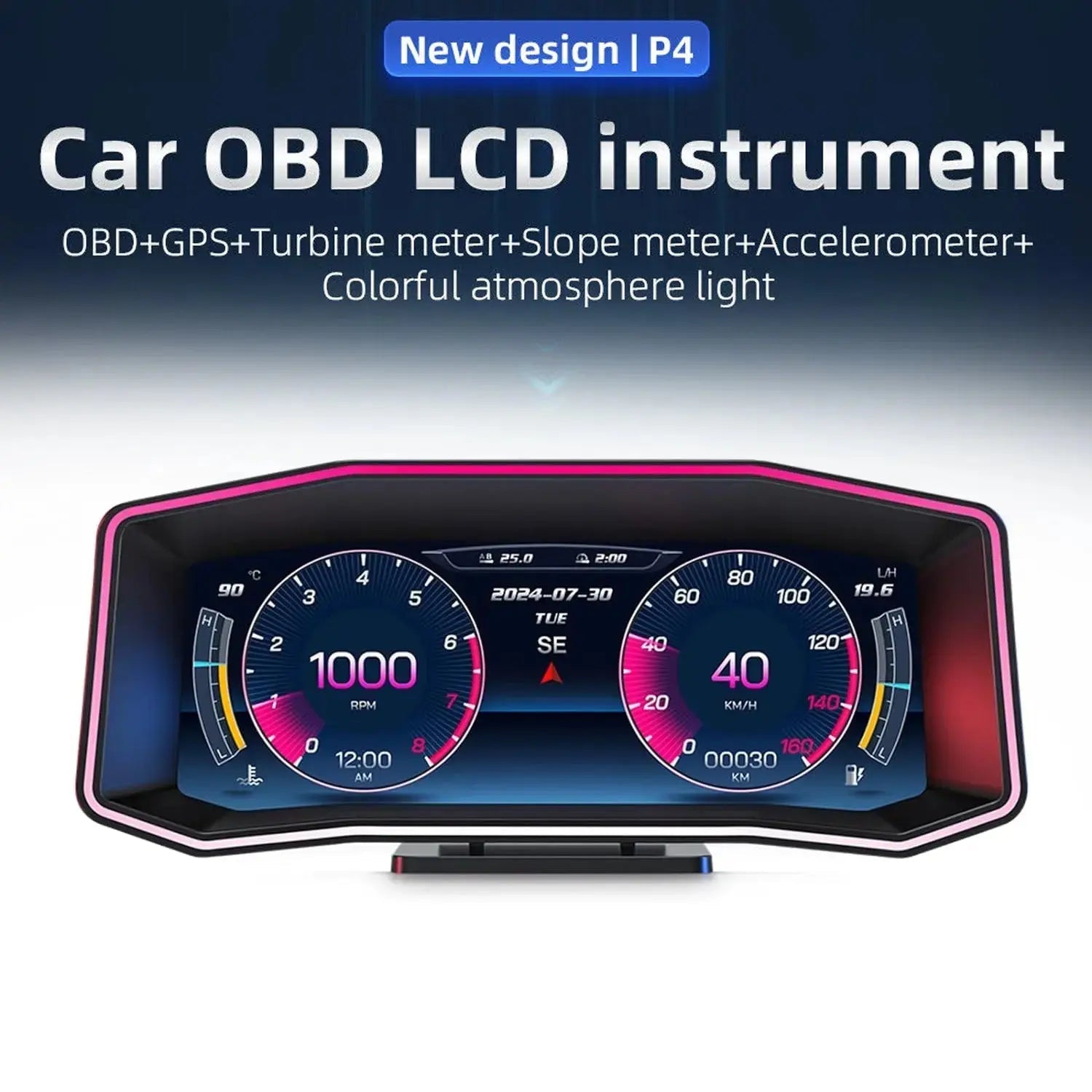 Universal 6.2 Inch - OBD2 P4 Digital Heads-Up Instrument Display With Speedometer, Accelerometer, Inclinometer & Data Monitoring