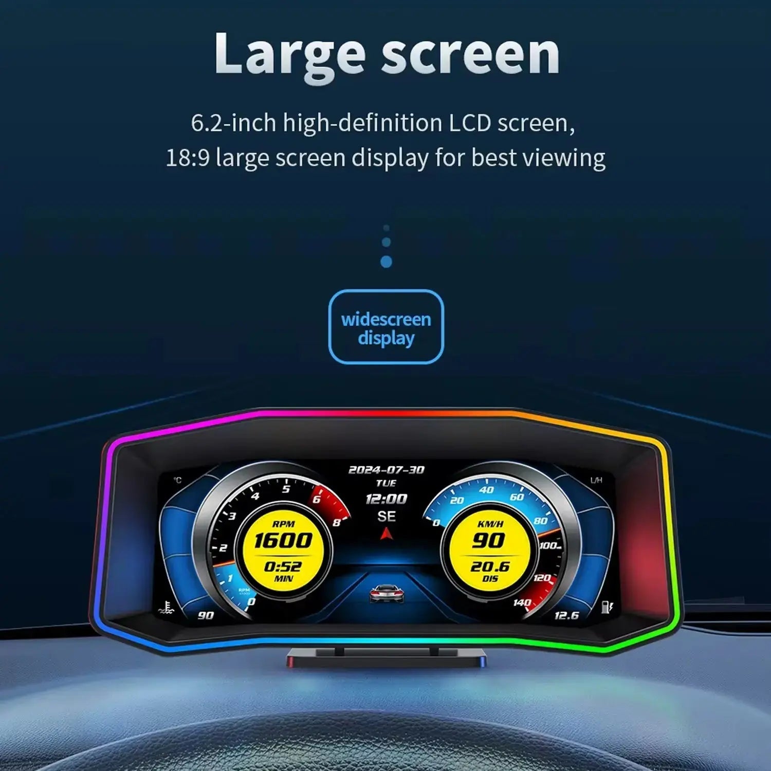 Universal 6.2 Inch - OBD2 P4 Digital Heads-Up Instrument Display With Speedometer, Accelerometer, Inclinometer & Data Monitoring