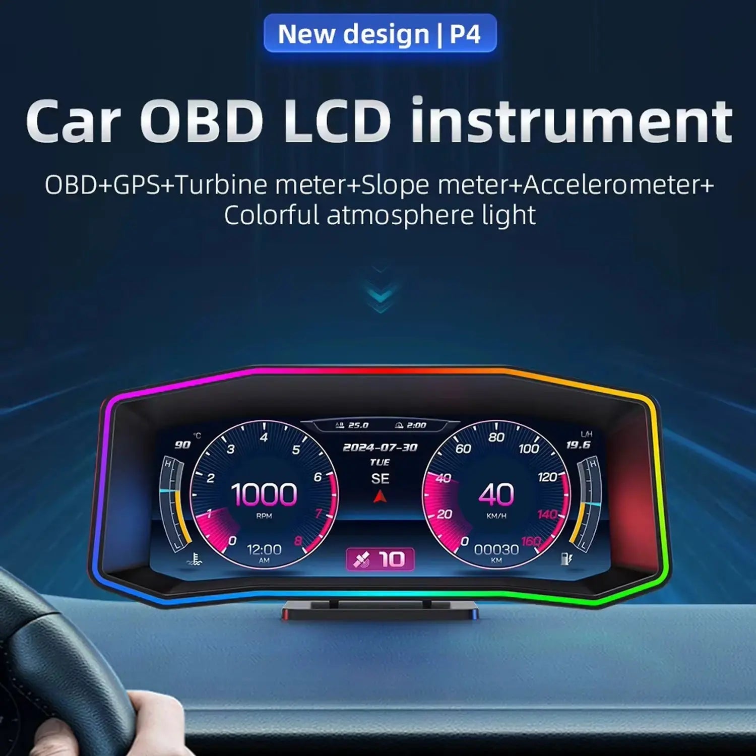Universal 6.2 Inch - OBD2 P4 Digital Heads-Up Instrument Display With Speedometer, Accelerometer, Inclinometer & Data Monitoring