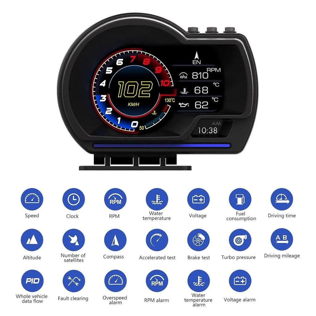 Universal OBD2 P6 Digital Heads-Up Instrument Display With Speedometer, Accelerometer & Data Monitoring